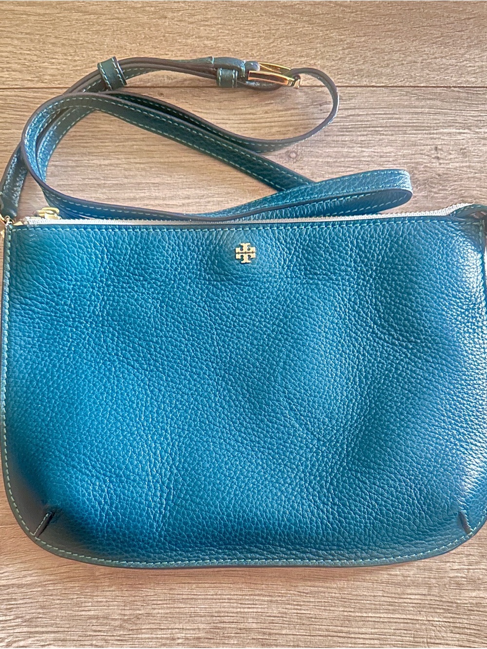 Tory Burch Teal Pebbled Leather Crossbody with Gold Logo